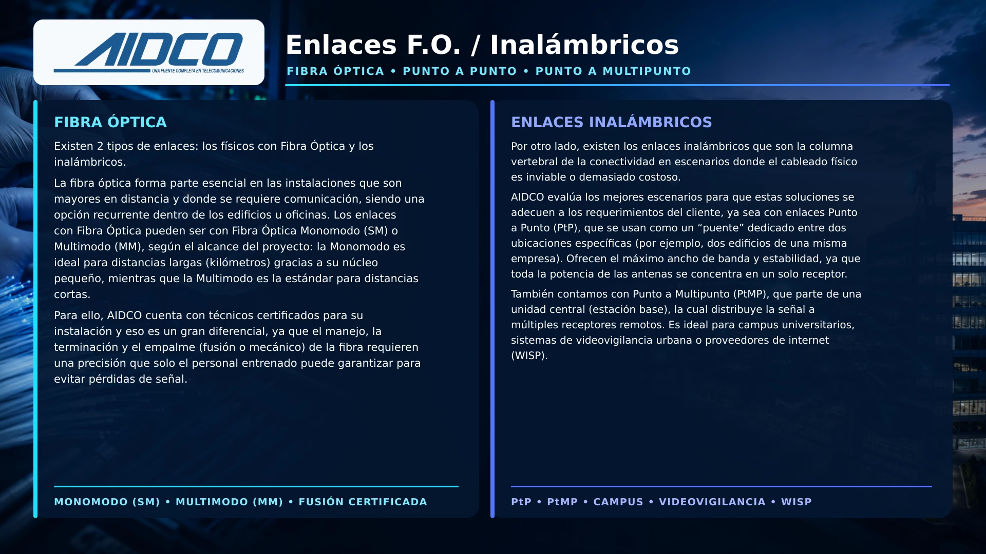 Enlaces de fibra optica e inalambricos AIDCO
